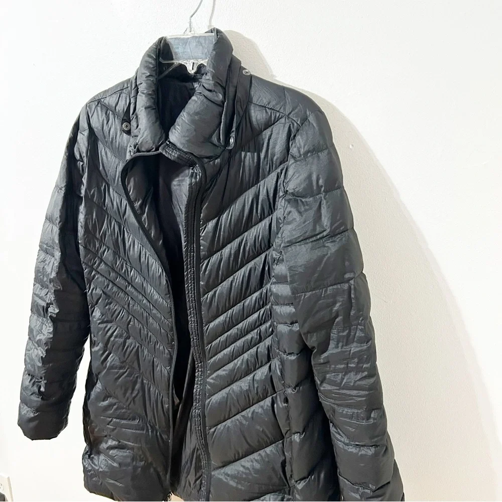 Lands’ End Longer Length Front Zip Down Puffer Coat Parka NO Hood Pockets Black